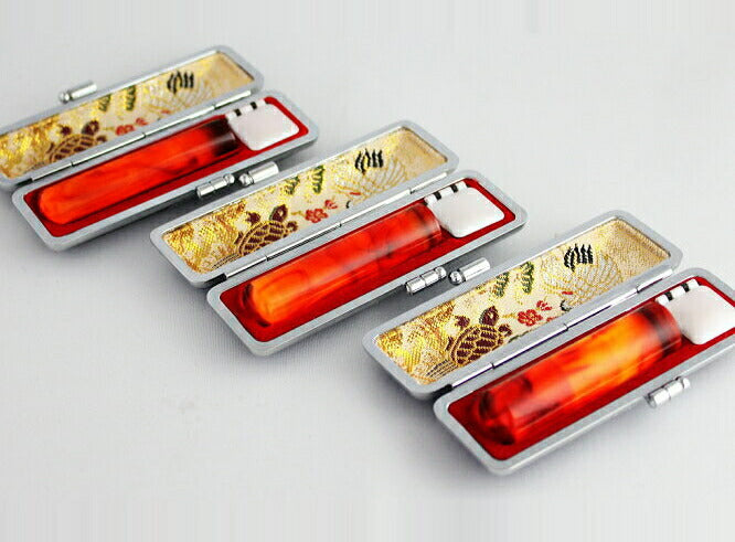 琥珀樹脂 高級もみ皮印鑑ケース(鶴亀)付 3本セット 【12.0/13.5/13.5mm】