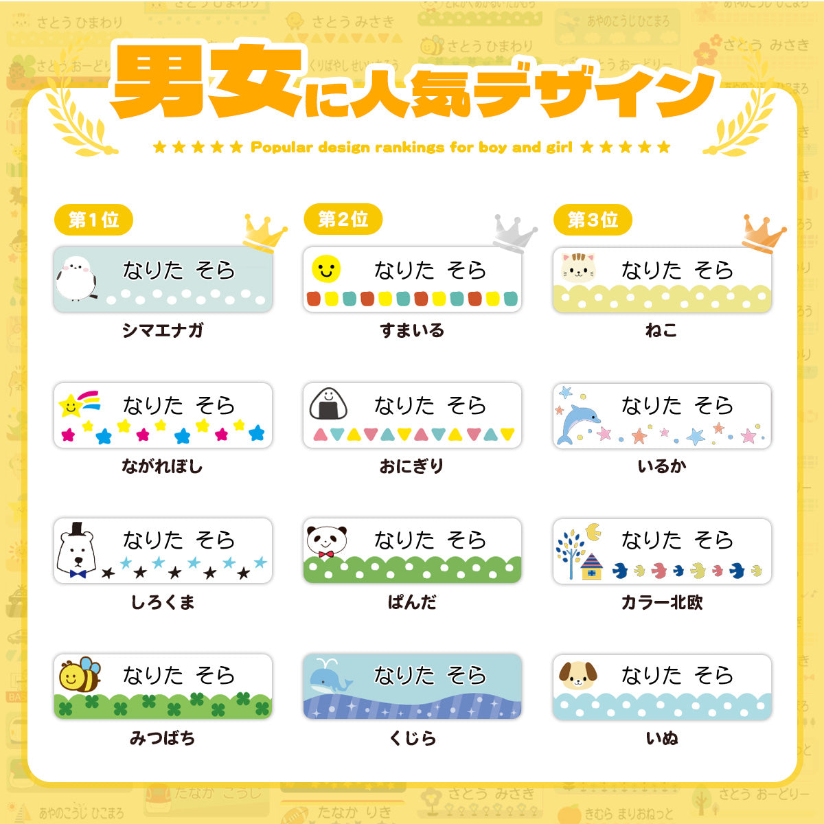 布にアイロン無しで貼れる 布用 名前シール ノンアイロン デザイン2  お名前シール タグ用