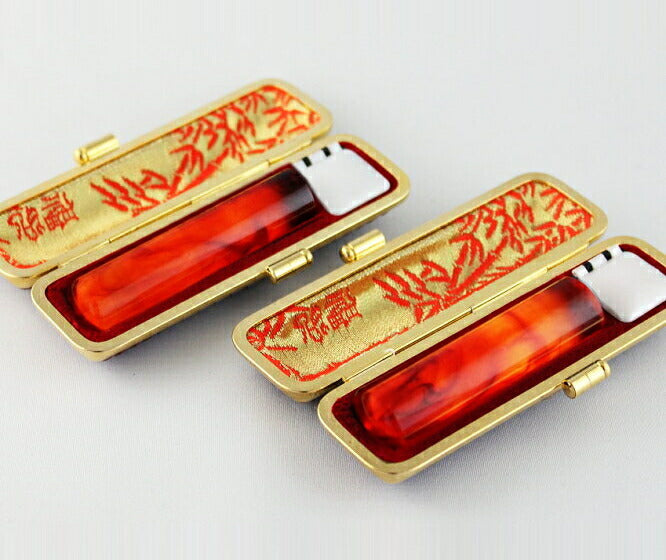 琥珀樹脂 本トカゲ革印鑑ケース（金枠）付 2本セット 【12.0/15.0mm】