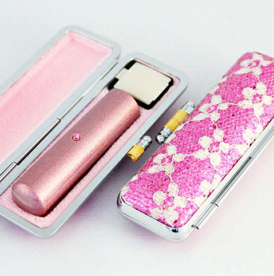 メタリックカラー本水牛＆スワロフスキー きらめきラメ（花）印鑑ケース付 【13.5mm】 ピンク